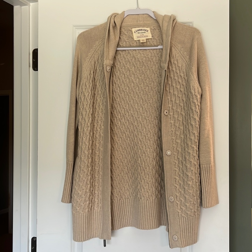 Carmel color zip sweater with hood. Size Medium.Cambridge Dry Goods.
